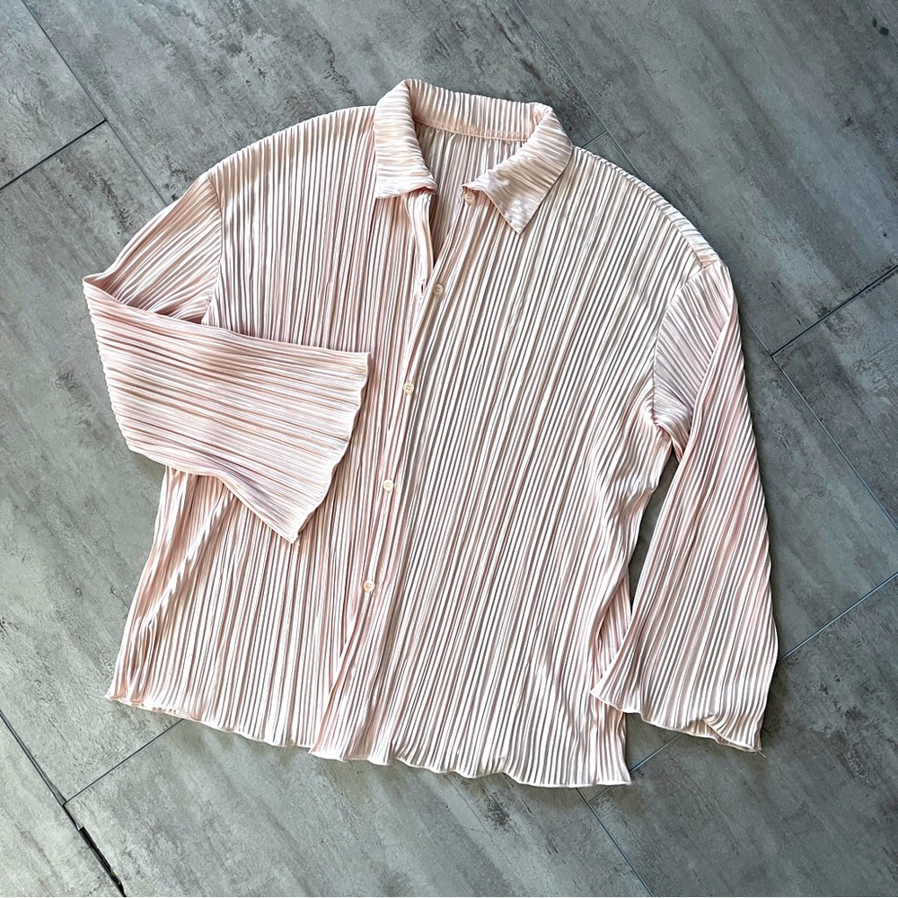 6 oversize textured cream off white beige blush silky shirt long sleeve blouse